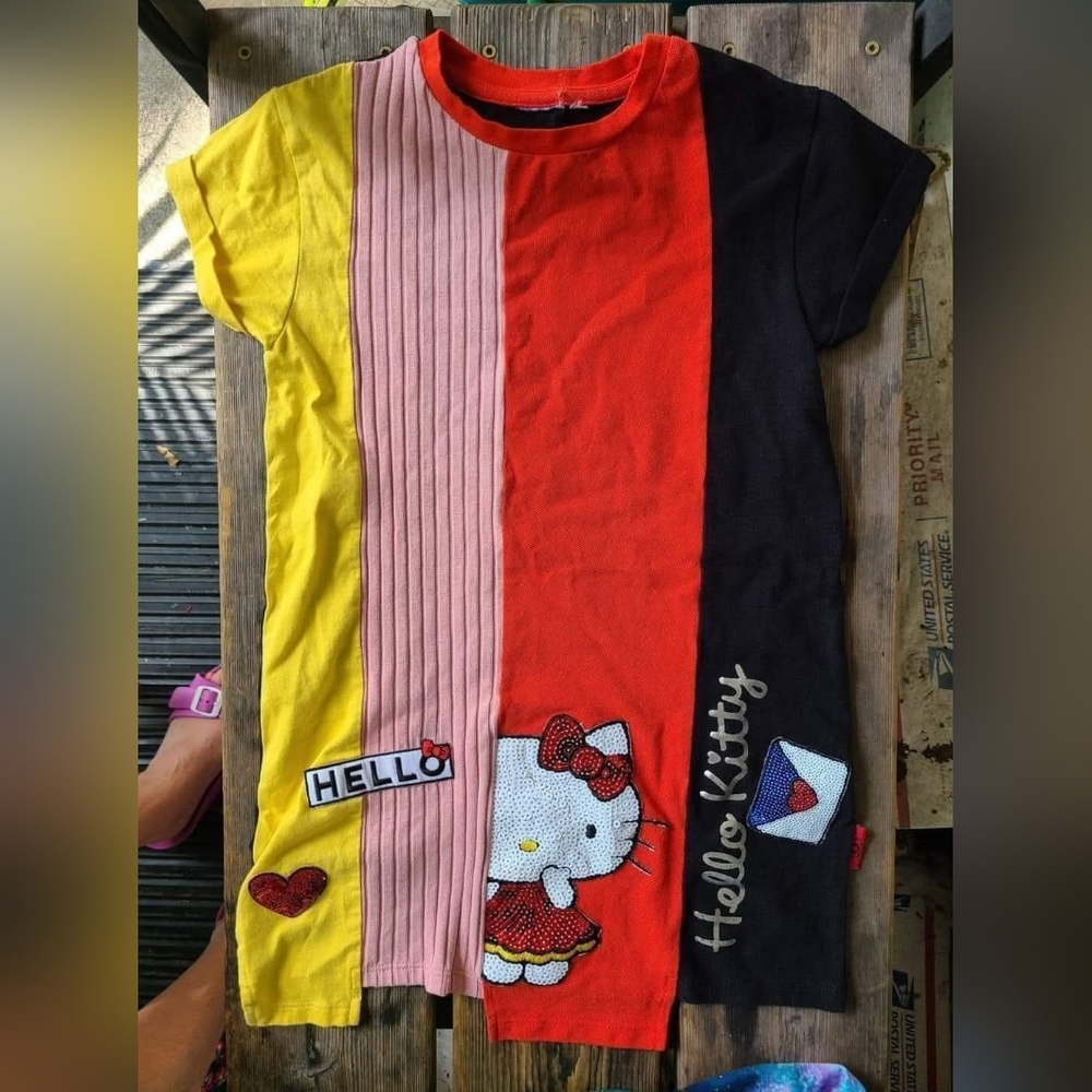 DESIEIGAL / HELP KITTY SZ 5-6Y VGUC YELLOW PINK RED NAVY COLORBLOCK Ribbed Dress